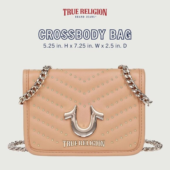 Camel Horseshoe Multi Stud Flap Crossbody Bag with Chain Strap & Quilted Chevron - Picture 2 of 6